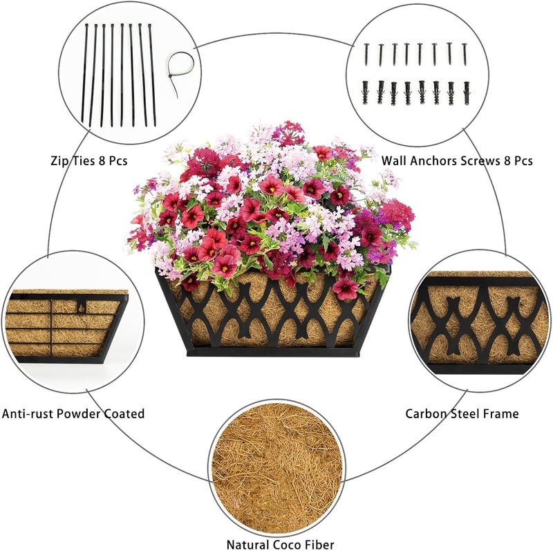 Karlliu 4 Pack 12 Inch Window Boxes Planters Railing Planter Box with Coco Liners Deck Railing Planter Boxes Balcony Hanging Flower Box for Outdoor Plants Garden Decor - Image 2
